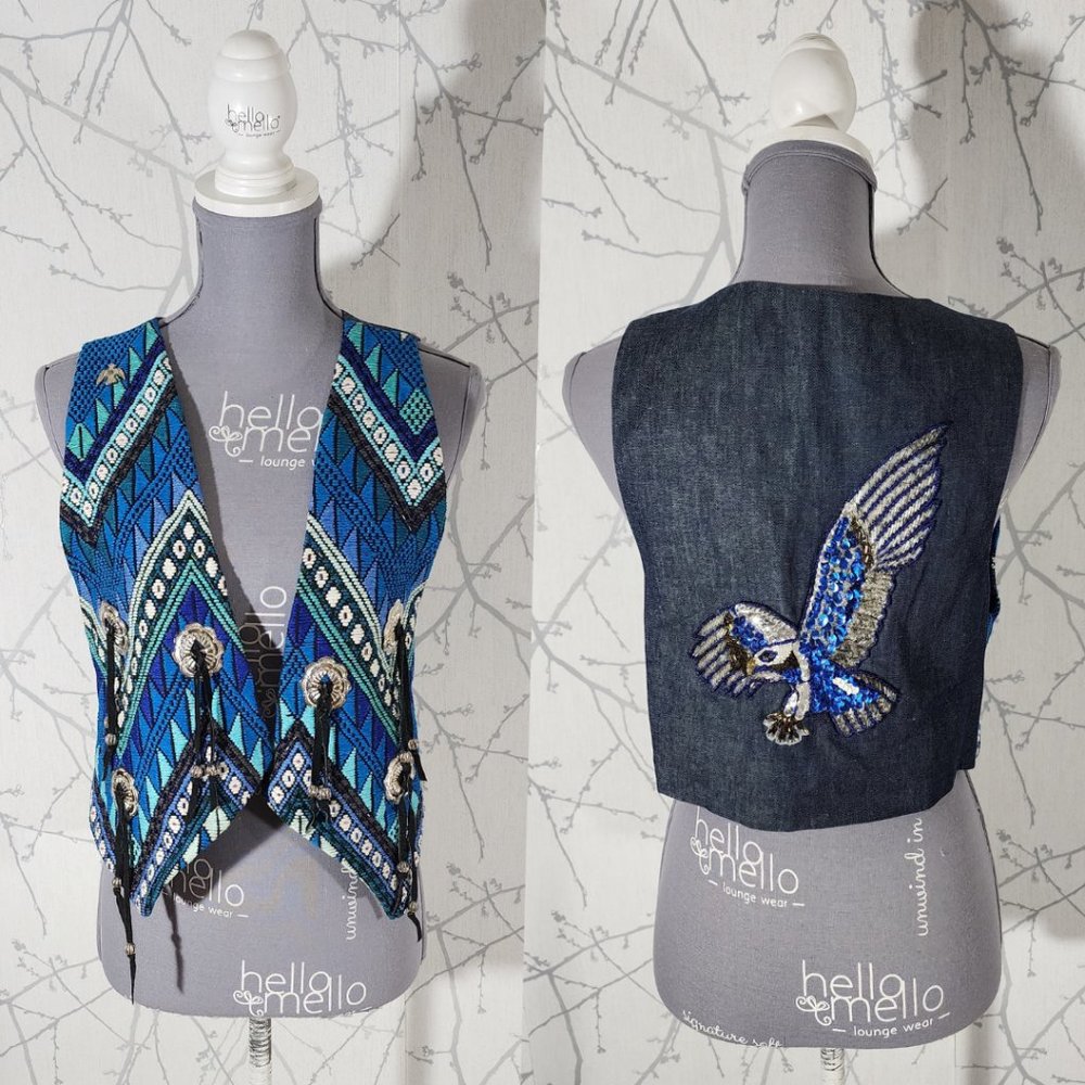 Unbranded Blue Embroidered Beaded Southwestern Open Vest